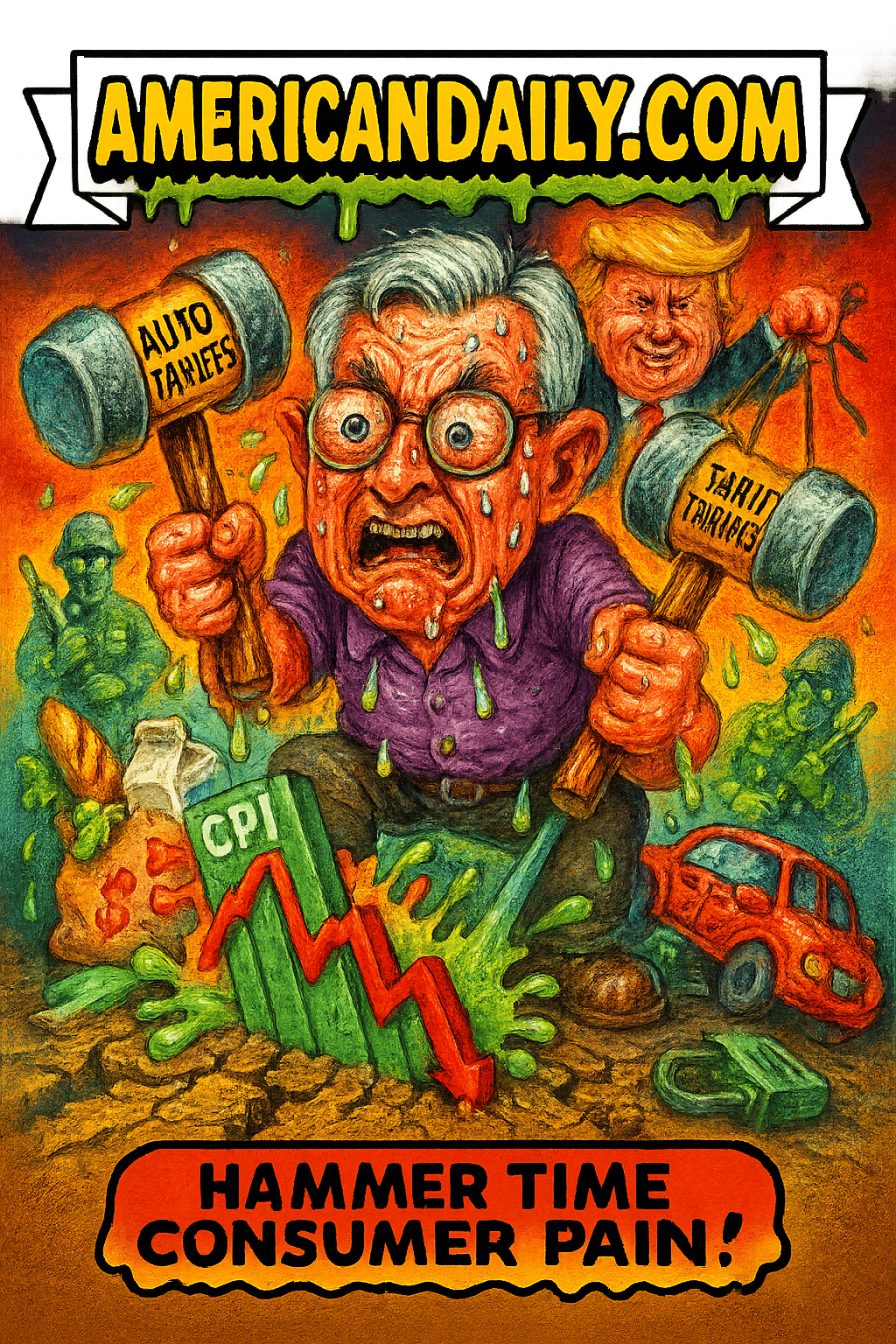 Cartoon parody of Jerome Powell sweating and wielding tariff hammers hitting a melting CPI graph; Trump puppeteer in the background. Banner ‘AMERICANDAILY.COM’, caption ‘Hammer Time Consumer Pain!