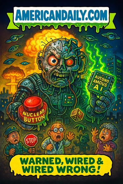 Cartoon cyborg with nuclear button and AI chip, mushroom clouds, banner AMERICANDAILY.COM, caption Warned, Wired & Wired Wrong!