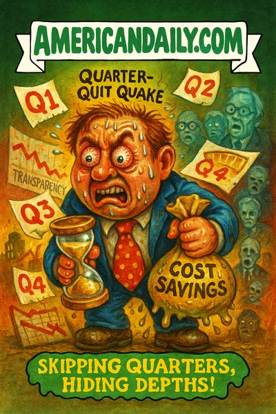 Cartoon executive overwhelmed with flying quarterly pages, holding hourglass labeled Semi-Annual?, investors in background angry; banner AMERICANDAILY.COM; caption Skipping Quarters, Hiding Depths!