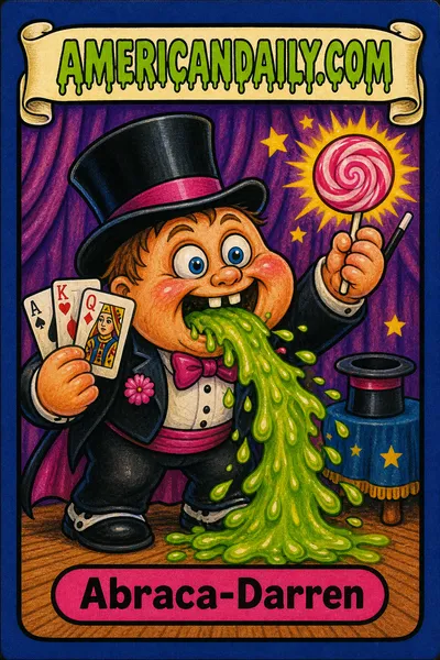 A grotesque cartoon kid magician in a towering top hat and tiny tuxedo flourishes playing cards while holding candy, with glossy green slime gushing from their mouth. The AMERICANDAILY.COM logo sits above and the name Abraca-Darren appears below.