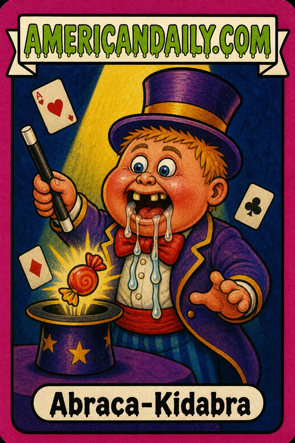 A grotesque cartoon kid magician in a tall top hat stands under a spotlight, holding a wand as candy and playing cards appear, with long ropes of drool dangling from an astonished grin.