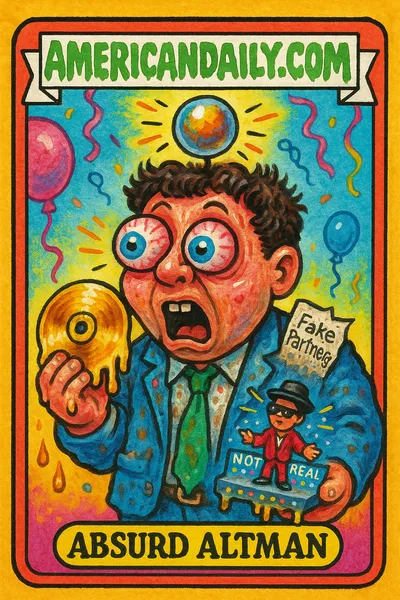 A Garbage Pail Kids-style card of 'Absurd Altman', with exaggerated features, holding a melting gold record, a tiny Bruno Mars figurine, and surrounded by chaotic party remnants.