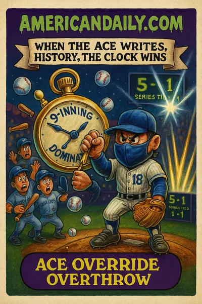 Parody trading card: A golden stopwatch labeled "9-INNING DOMINATOR" hovers above a pitcher's mound. A masked ace winds the stopwatch while baseballs orbit overhead. On the left, suspend Blue Jays hitters float mid-cheer; on the right, Dodgers bats glow like swords. Top reads "AMERICANDAILY.COM."