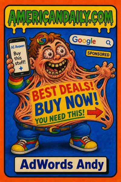 A Garbage Pail Kids-style Google executive child with bloodshot bulging eyes and rotten teeth clutches an AI-search phone while his torso stretches into a giant advertisement banner. The card has a blue search-page background and the labels “SPONSORED” and “AMERICANDAILY.COM.”