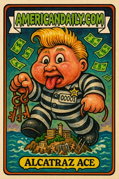 A grotesque illustration of a Trump-like character in a prison-striped suit, oversized golden hair, holding keys, stepping on Alcatraz Island with comical prisoners.