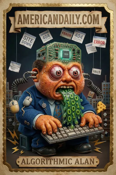 A grotesque cartoon of 'Algorithmic Alan' with a giant CPU head, binary spewing mouth, and crumbling tech attire in a digital chaos scene. — 3D version