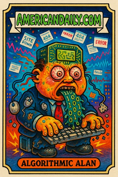 A grotesque cartoon of 'Algorithmic Alan' with a giant CPU head, binary spewing mouth, and crumbling tech attire in a digital chaos scene.