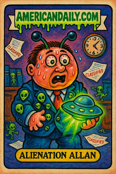 Congressman with antennae and bulging eyes holding a UFO, surrounded by little aliens, in a chaotic office scene.