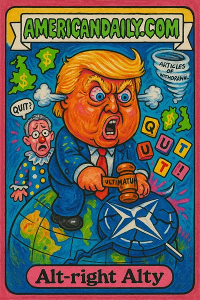 A grotesque caricature of Trump, oversized head, furious, sitting on broken NATO symbols, letter blocks spewing from his mouth, NATO leader in clown outfit.
