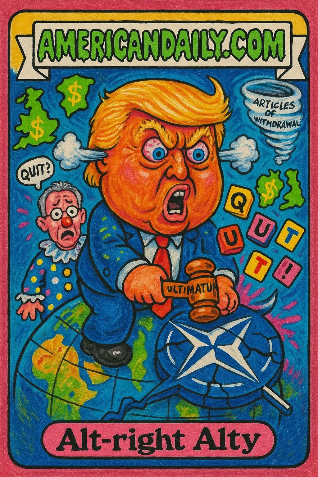 A grotesque caricature of Trump, oversized head, furious, sitting on broken NATO symbols, letter blocks spewing from his mouth, NATO leader in clown outfit.