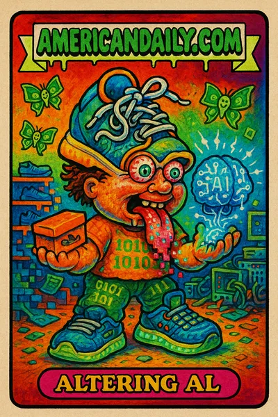 A parody trading card showing Altering Al, a grotesque character with a sneaker head, tangled laces, and digital tongue. He holds a glowing AI brain beside dollar butterflies in a hybrid shoe-tech store.