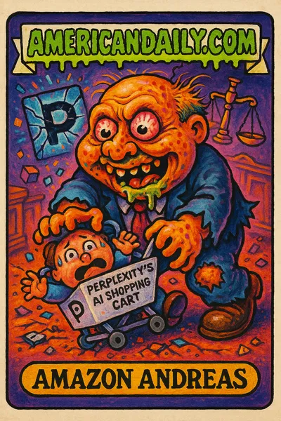 Satirical trading card featuring 'Amazon Andreas', a grotesque depiction of Amazon's dominance, crushing a comical AI shopping cart.