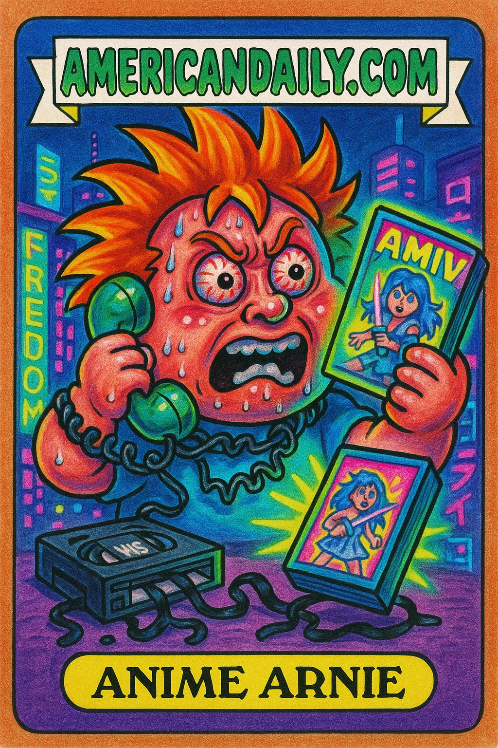 A grotesque caricature of 'Anime Arnie', an anime fan, screaming with bulging eyes, clutching a rotary phone and massive anime DVD. Neon city background.