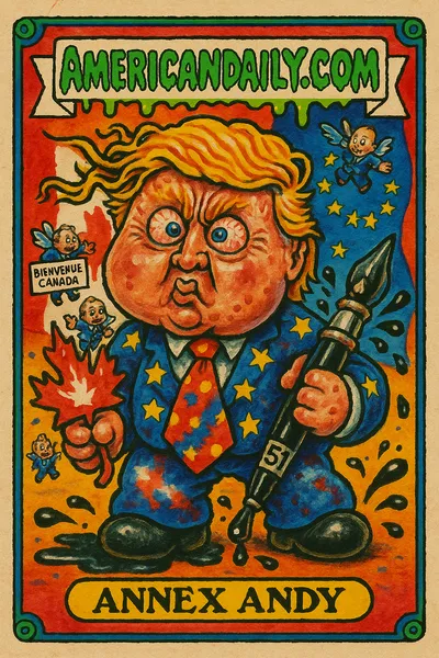A satirical Garbage Pail Kids-style card featuring a grotesque Donald Trump holding a distorted Canadian flag and EU-themed suit while attempting to annex Canada.