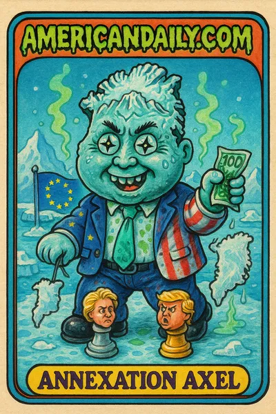 Grotesque character Annexation Axel, with Greenland-shaped head, pulling EU-USA flag suit. Background features icebergs and battling Von der Leyen and Trump chess pieces.