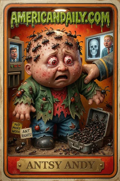 A caricature of a man with an ant-nest head surrounded by ants, caught in airport security, with exaggerated features and chaotic airport background. — 3D version