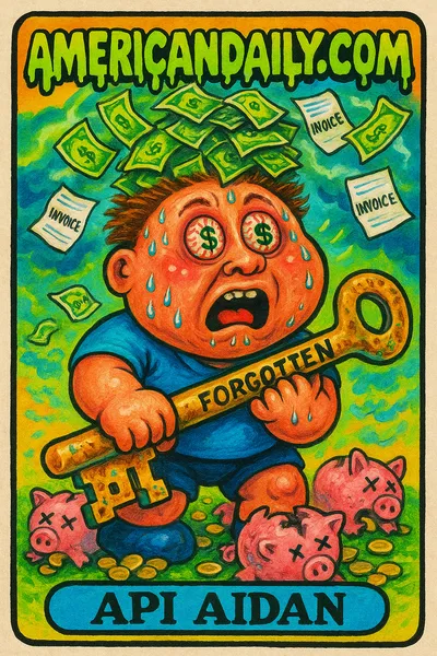 Garbage Pail Kids style card showing 'API Aidan', a character overwhelmed by a whirlwind of dollar bills, holding a giant rusty API key, surrounded by busted piggy banks and cloudy backgrounds.
