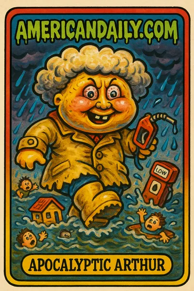 A grotesque cartoon of Apocalyptic Arthur, a storm figure with a massive cloud head, causing chaos with floods and floating debris.