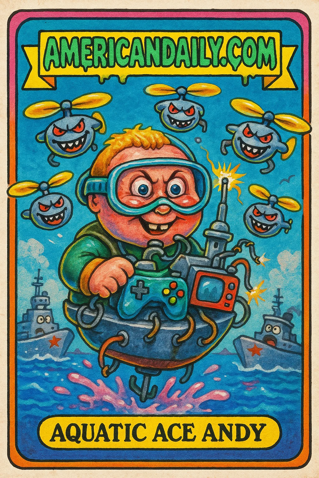 A Garbage Pail Kids-style card depicting 'Aquatic Ace Andy', a grotesque, oversized-headed operator of a floating drone launcher, satirizing Ukraine's use of drone aircraft carriers against Russia.
