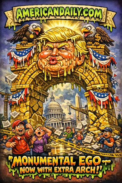 Grotesque cartoon trading card showing a massive golden arch over Washington D.C. with Donald Trump's exaggerated face carved into it, melting banners, bulging-eyed eagles, and slime-dripping patriotic imagery.