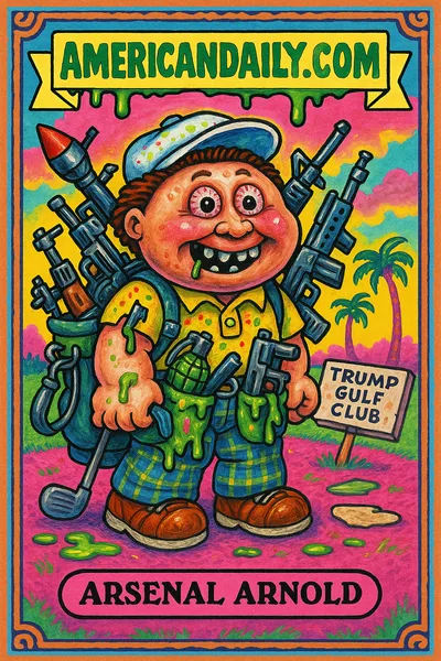 Garbage Pail Kids-style card of 'Arsenal Arnold' with grotesque features, bursting pockets full of weapons at a Trump golf course.