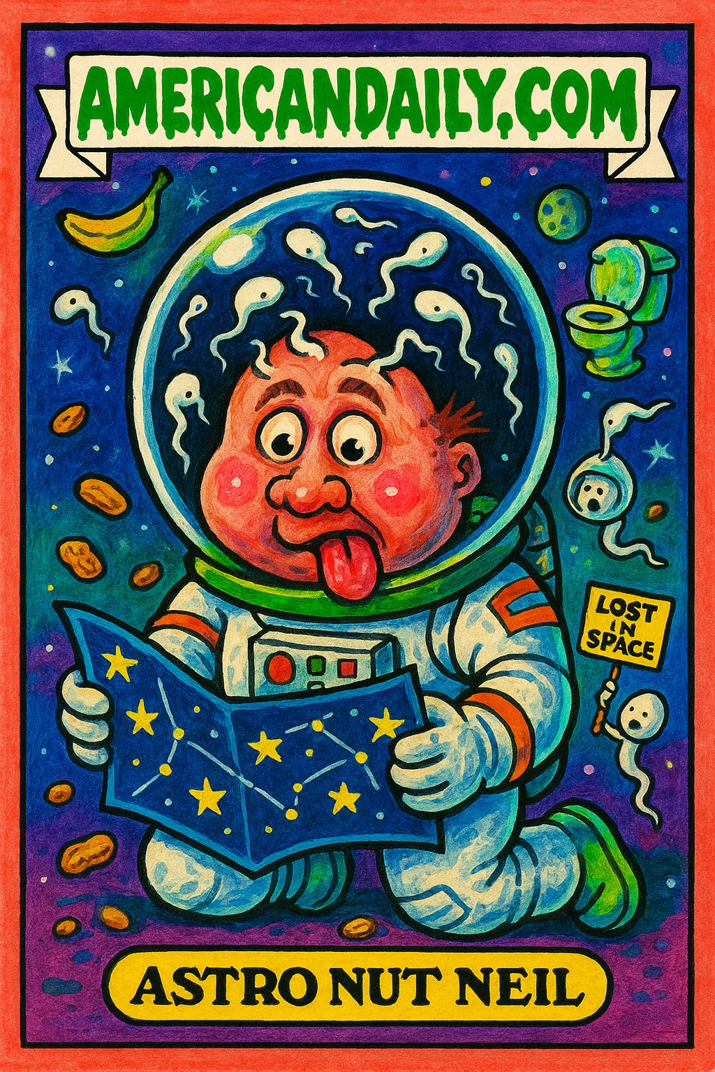 A satirical, grotesque trading card depicting an astronaut with a helmet full of confused sperm cells, floating in a chaotic space environment.