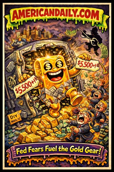 Garbage Pail Kids-style cartoon of a giant gold superhero bursting from a vault with prices above $5,500 while investors panic and climb the gold mountain.