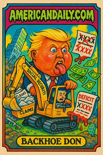 Grotesque caricature of Trump operating a malfunctioning backhoe, dollar bills spewing, satirical Social Security deficit theme.