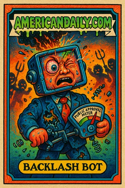 A grotesque AI robot in a malfunctioning suit with glitchy screen for a head, holding a Public Approval Meter at 'red zone' midst angry crowd shadows.