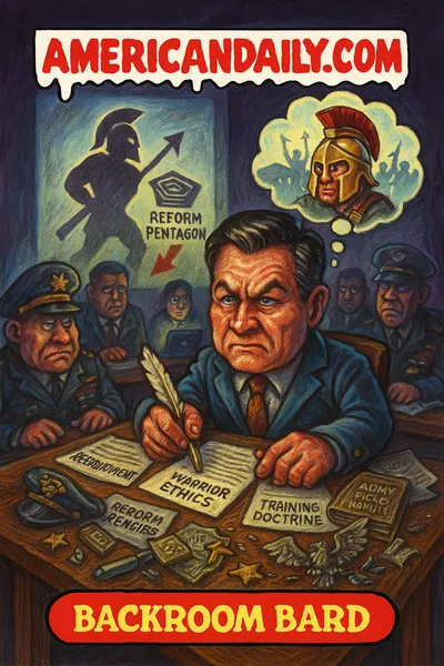 Cartoon parody of a dark strategy room where a "Backroom Bard" meets generals with memos "Recruitment," "Training Doctrine," "Warrior Ethics," a projector casting a Spartan silhouette over Capitol, broken military symbols in the foreground, thought bubble of heroic reformed Pentagon, top banner "AMERICANDAILY.COM."