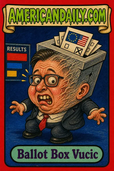 A cartoon toddler caricature of Aleksandar Vucic in a suit and red tie has a head transforming into a crooked ballot box with ballots sticking out, against a simple midnight-blue election-night background. The AMERICANDAILY.COM logo is above and the name plate reads “Ballot Box Vucic.”
