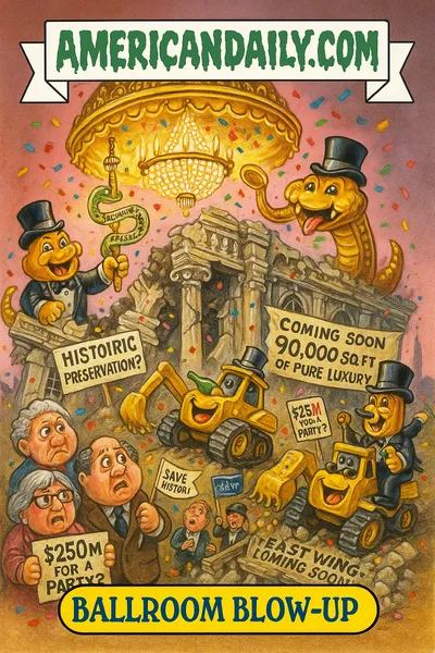 Parody trading card showing a giant golden ballroom floating over the crumbling White House East Wing. Bulldozers in tuxedos tear down columns as confetti rains down. Protesters hold "Historic Preservation?" signs. Top banner reads "AMERICANDAILY.COM."