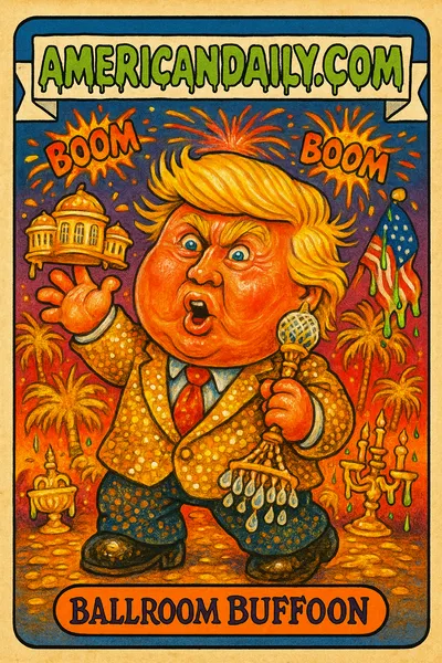 Grotesque image of a Trump caricature tossing golden ballrooms, surrounded by tacky decorations and exploding 'BOOM' signs.