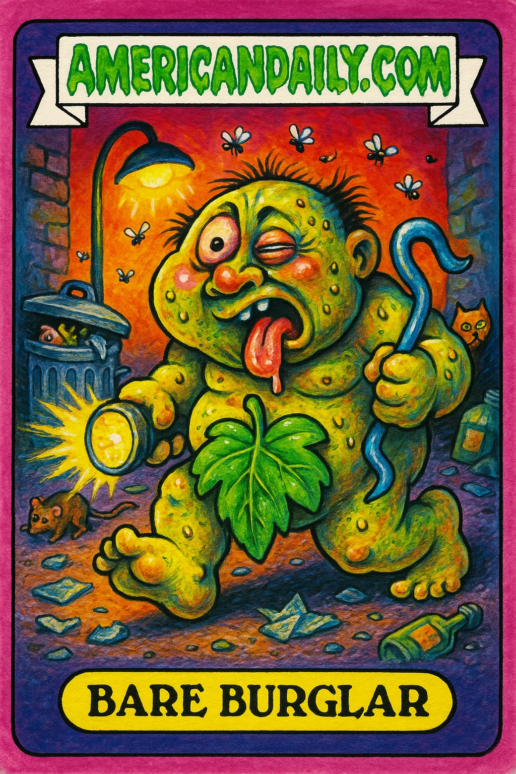 A grotesque, cartoonish character labeled 'Bare Burglar' sneaks in an alley with a fig leaf, bulbous eyes, holding a sparking flashlight and twisted crowbar.