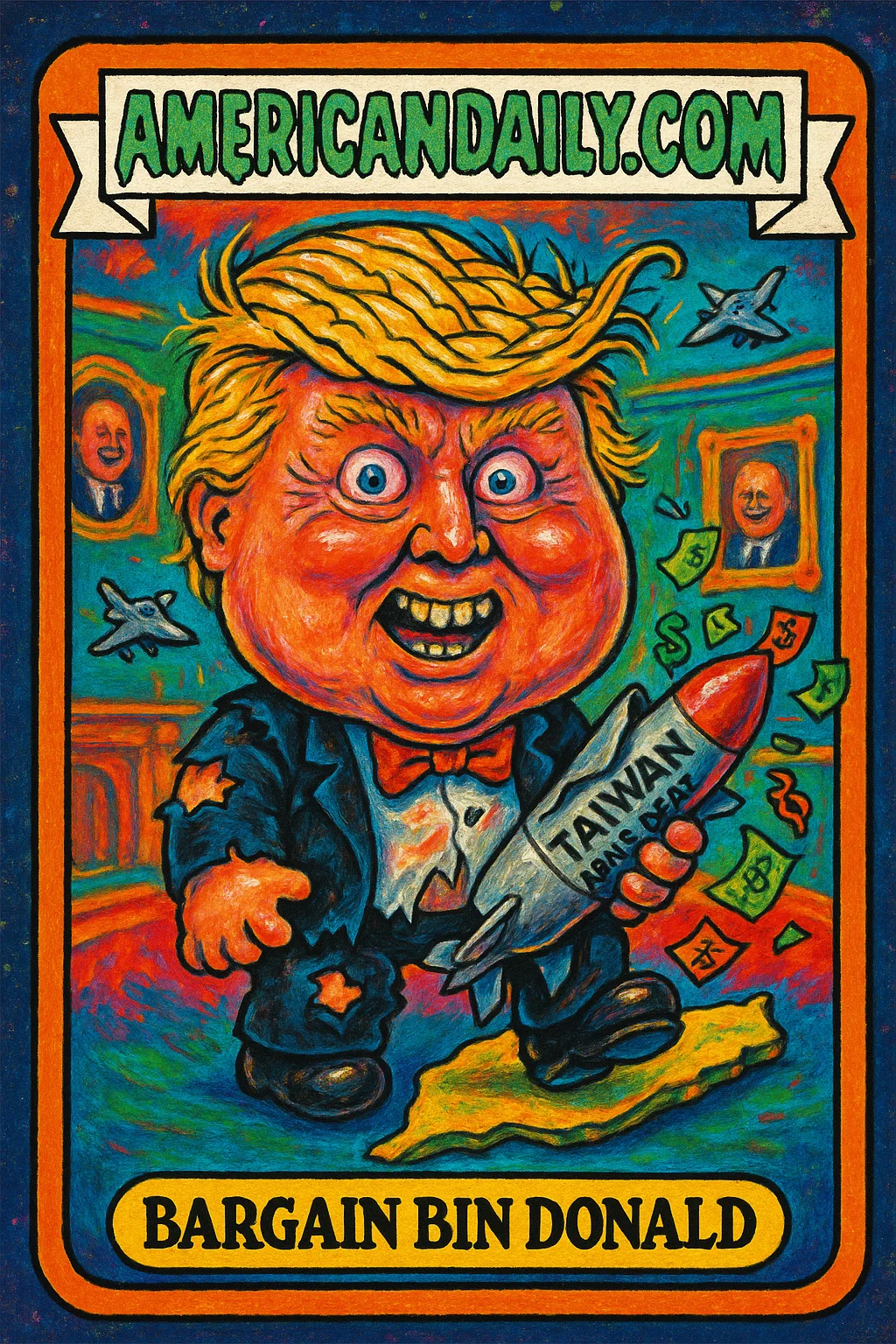 A parody trading card featuring 'Bargain Bin Donald', a grotesque Trump holding a broken missile, in a skewed Oval Office with swirling economy-related humor.