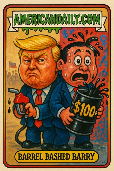 A satirical trading card split between Trump and a Democratic figure, with oil barrel chaos and rally background, titled 'Barrel Bashed Barry'.