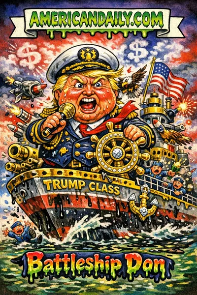 Grotesque Garbage Pail Kids-style cartoon of Donald Trump as an admiral on a gold-plated "Trump Class" battleship that is leaking oil and sinking, with a slime-dripping AmericanDaily.com banner.