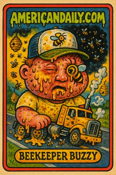 A grotesque character with bees swarming around, sitting on an overturned truck with bee-related features, in a cartoonish, exaggerated style.