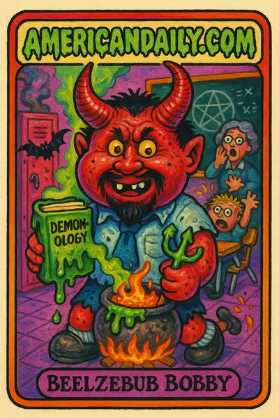 A grotesque, devilish student 'Beelzebub Bobby' in a chaotic classroom, with horns, a slime-dripping book, a bubbling cauldron, and a horrified teacher.