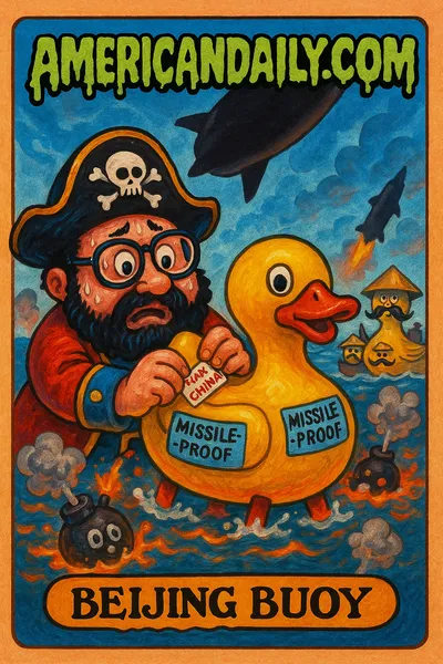 Cartoon pirate captain labeling ship with 'Made in China' sticker, surrounded by naval gadgets and missile shadows in a comical ocean scene.