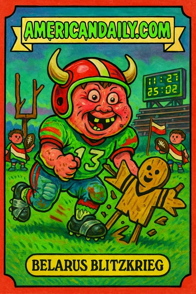 Grotesque caricature of 'Belarus Blitzkrieg' attempting to play American football with flawed gear and setting in Belarus.