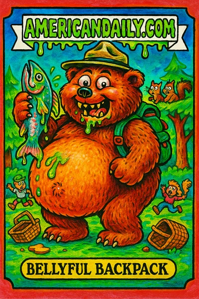 Grotesque oversized bear with tiny backpack struggling to fit, holding huge salmon, broad goofy grin with crooked teeth, surrounded by amazed squirrels and bending trees.