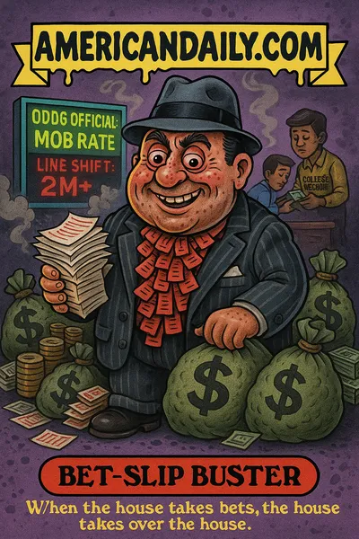 Cartoon trading card showing "Bet-Slip Buster", a fedora-wearing mob-bookie caricature in a pinstripe suit with a tie made of bet-slips, standing in a smoky casino back-room with cash bags and piles of slips; behind him a giant screen reads 'ODDS OFFICIAL: MOB RATE' and 'LINE SHIFT: 2M+'; on the banner above: "AMERICANDAILY.COM"; at the bottom: nameplate "BET-SLIP BUSTER" with caption "When the house takes bets, the house takes over the house."