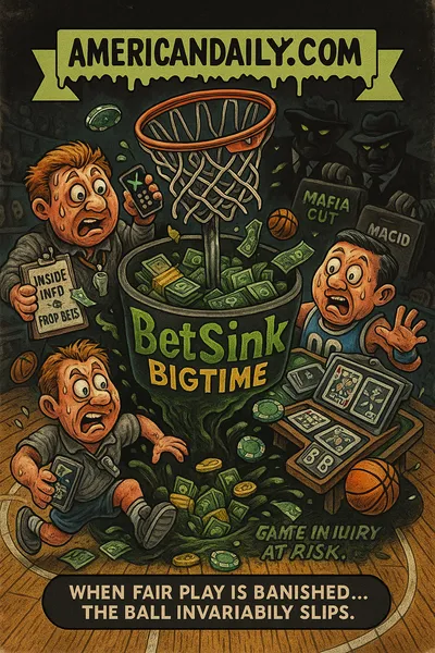 Parody trading card showing a basketball hoop turned into a sinking pit overflowing with neon-green money and poker chips. Caricatures of coaches and players slip into the pit labelled "BetSink BigTime," while shadowy mafiosi hold briefcases of cash in the background. Top banner: "AMERICANDAILY.COM."