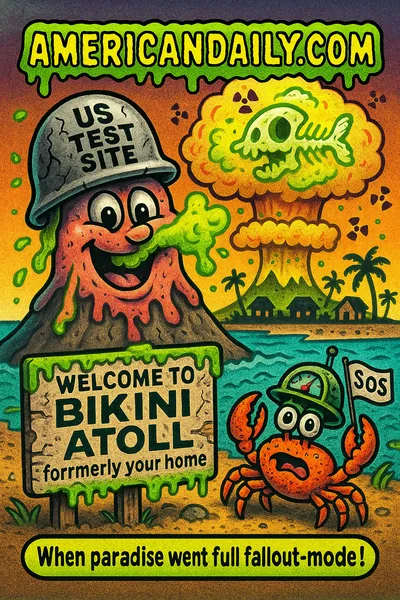 Cartoon trading card showing a volcano on a Pacific atoll wearing a US test-site helmet, spewing a green radioactive cloud shaped like skeleton fish; a rusted "Welcome to Bikini Atoll - formerly your home" sign stands on the beach, a crab in a Geiger-counter helmet waves an SOS flag, a mushroom cloud rises from the sea, radiation symbols float like confetti, slime drips everywhere, top banner "AMERICANDAILY.COM", bottom caption "When paradise went full fallout-mode!".