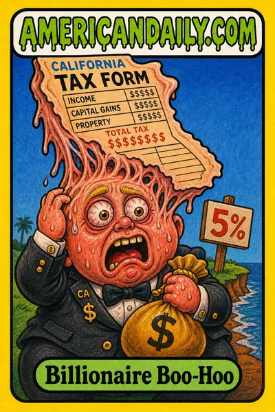 A grotesque cartoon billionaire child in a tiny suit clutches a gold moneybag as his head transforms into a warped California-shaped tax form. A sign reads “5%,” with a California coastline silhouette behind him.