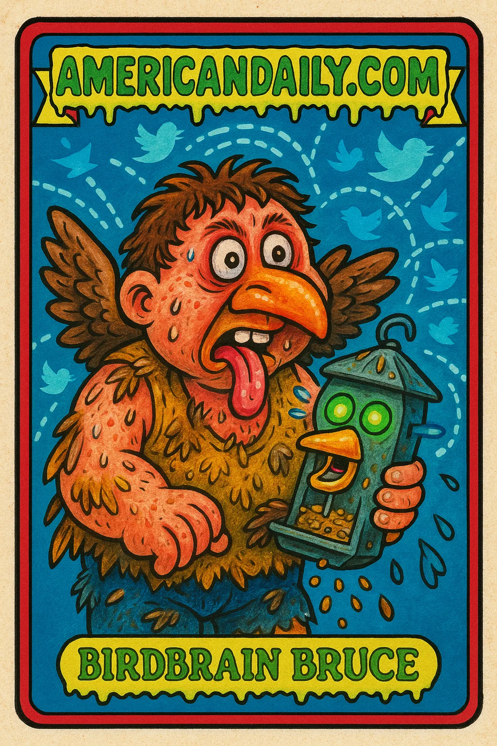 A grotesque bird-human hybrid character, Birdbrain Bruce, with cybernetic features and a malfunctioning AI bird feeder in hand.