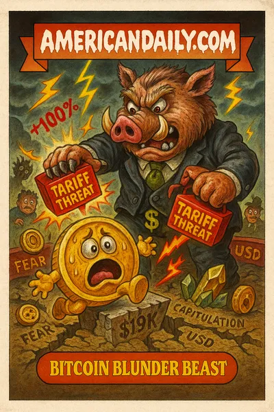 Parody trading card: a beastly Trump-wolf figure with claws labeled "Tariff Threat" looms over a terrified Bitcoin coin tumbling off a cracked pedestal "$119K." Smaller coins fall into chasms named "Fear," "Capitulation," "Flight to USD." Lightning shaped like tariff arrows crackles overhead. Top banner says "AMERICANDAILY.COM."