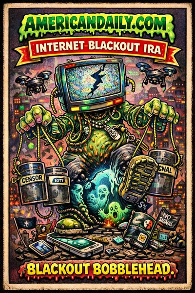 Satirical Garbage Pail Kids-style cartoon of a blackout monster controlling surveillance drones and riot shield puppets, symbolizing Iran's protest crackdown and internet shutdown.