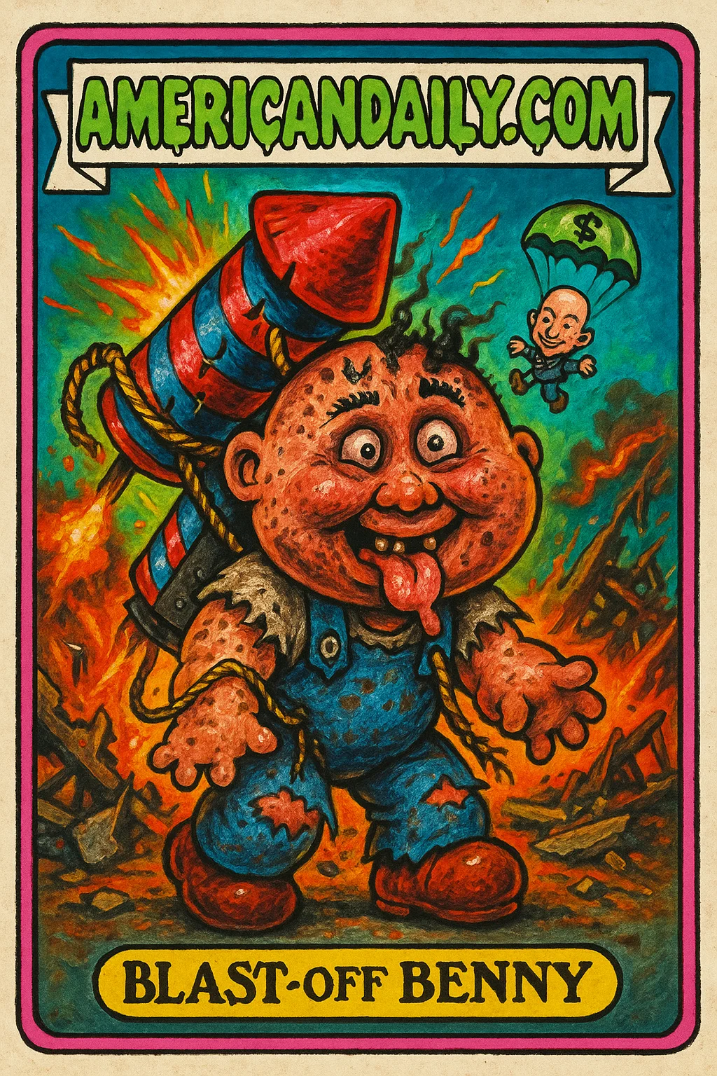 Trading card featuring Blast-off Benny, with a firework-rocket on his back. Explosive chaos and miniature Jeff Bezos in the background.